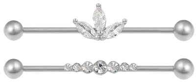 Niaspi 2Pcs 14G Stainless Steel Industrial Barbell Earrings for Women 38mm CZ Leaf Bezel Long Indusrial Cartilage Earrings Industrial Piercing Jewelry Cubic Zirconia Industrial Bar