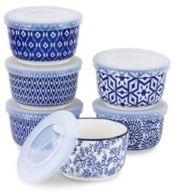 Selamica Ramekins with Lids, 8 oz Oven Safe Creme Brulee Ramekins with Covers, Souffle Dishes Pudding Custard Cups, Stackable Ceramic Small Ramekin Bowls Set for Baking, Dipping, Ice Cream, Set of 6, Vintage Blue