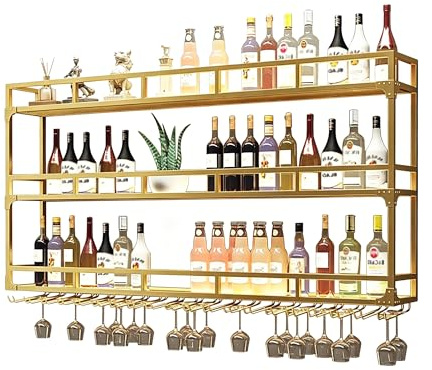 Weinregal Wand Metall mit Licht Flaschenregal Wine Rack Bar Regal Wand Weinschrank Hausbar Schmal Barschrank mit Weinglashalter Weinständer Getränke Regal für Bartheke Wohnzimmer Küche(Gold,80cm(31.49
