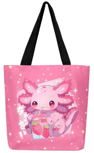 Loussiesd Kawaii Axolotl Leinwand Einkaufstasche Rosa Plaid Erdbeere Axolotl Stofftasche für Strand Einkaufen Schlafzimmer Mode Nette Ozean Sealife Einkaufsbeutel Axolotl Tragetasche