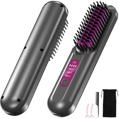 Bwaliffury Cepillo Alisador pelo Inalámbrico, Mini Cepillo Alisador Portátil para Viajes, Peine Alisador de Pelo con Iones Negativos para Exteriores, Recarga USB, 3 Niveles de Temperatura