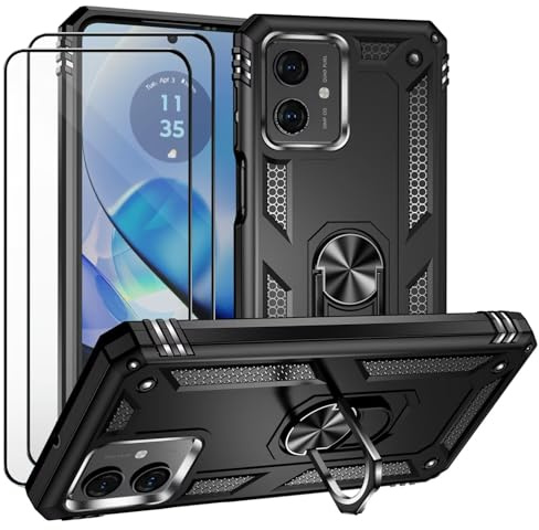 CLYDITE Funda para Motorola Moto G54 Carcasa Negro con 2 Piezas Vidrio Templado Armor Silicona TPU 360 Anillo Anillo Giratorio Soporte Caja del Coche Antigolpes Case