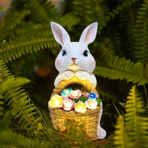 ACAREY Osterdeko Solar Gartendeko Für Draußen, Solar Ostern Hase mit Blumen & LED Lichter, Osterdeko Kaninchen Aus Harz Für Drinnen| Draußen, Geschenk Für Frauen, Mütter, Großmütter, Mädchen (Weiß)