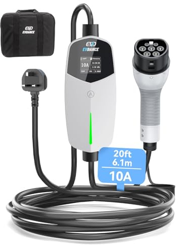 EVDANCE EV Charger Type 2 UK 3 Pin 20ft/6.1m [6/8/10A] Portable Electric Car Charger for EV & PHEV, Adjustable Current, IP66 Type 2 Charging Cable for Home & Travel, White