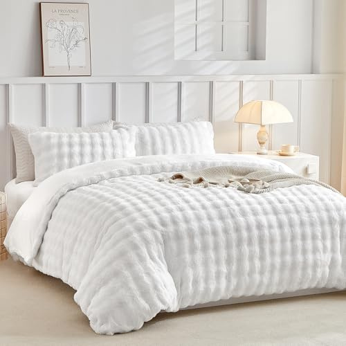 Tokokimo Fluffy Duvet Cover Set Queen Size, Faux Fur Duvet Cover Set Soft Reversible Bedding Set, White Comforter Cover with 2 Pillow Cases, All Season Fuzzy Comforter Cover Set