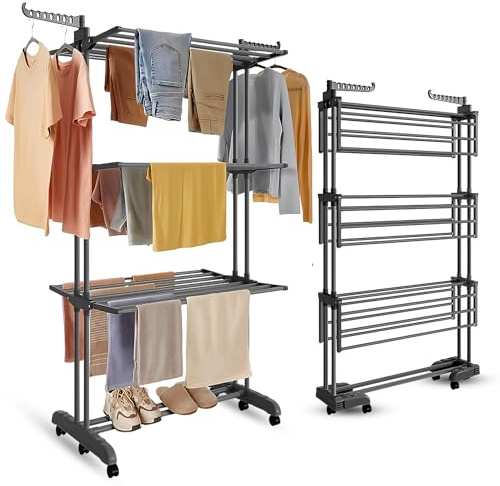 TB1 3-Tier Foldable Clothes Airer Indoor Outdoor – Heavy Duty Adjustable Laundry Drying Rack with Side Wings | Portable Space-Saving Clothes Horse | Durable Maiden in Black