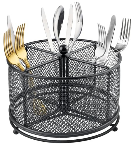 360° Rotating Metal Utensil Caddy - 4 Compartment Silverware Cutlery Holder Rotation Fork Spoon Napkin Organizer Flatware Storage Basket Party Countertop Buffet Picnic Camping Outdoor Black