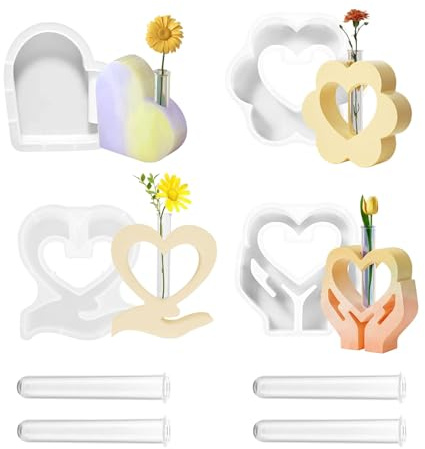 Silikonformen Gießformen Set, 4 Stück Silikon Gießformen für Herz Vasen mit 4 Acryl Reagenzgläsern, Gips zum Gießen Epoxidharz Formen, Wiederverwendbare DIY Handwerk Blumenvase