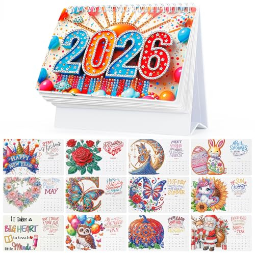 KDQUEERY Diamond Art Calendar 2026 Monthly Flip Tabletop Calendar Kit for Home Office Planning Desktop Ornament DIY Craft Gift Diamond Painting