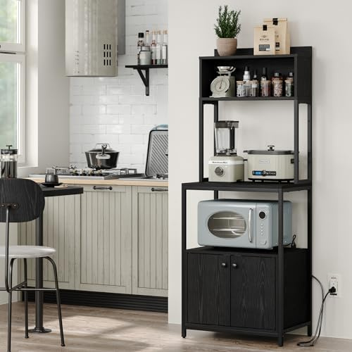 Crehomfy 5-stöckiges Bäckerregal mit Steckdose, industrieller Mikrowellenständer mit Stauraum, Küchenregal mit Schrank, Kaffeewagen, stehendes Lagerregal (schwarz)