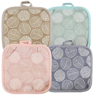 4 Pack Cotton Linen Pot Holders, Heat Resistant Oven Mitts for Kitchen, Reusable Hot Pad Hand Mitts, Decorative Oven Cloths for Dining Table, Set of Pink Blue Green Khaki