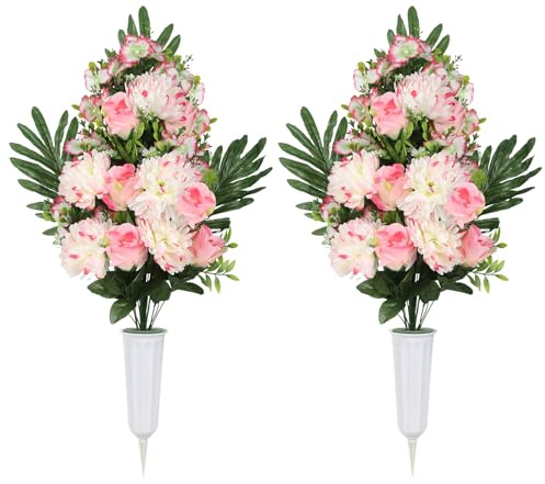 Hupiosy 2PCS Artificial Pink Cemetery Flowers, Mixed Chrysanthemum and Peony Flower Bouquets, Cemetery Flowers with Vase for Memorial Day Funeral Floral Arrangements,Headstone Decorations (Pink)