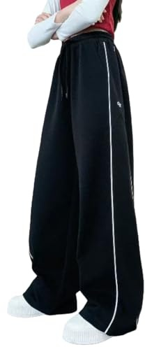Mjjsk Flickor Baggy träningsbyxor breda ben elastisk hög midja skolbyxor barn komfort casual joggingbyxor lösa mjuka träningsbyxor, Svart, 11-12 År