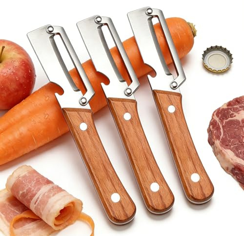Zero Snag Wooden Peeler, Multifunctional Vegetable Peeler with Wooden Handle, Ultimate Kitchen Tool for Fruit, Vegetables, Meat Slicing (Meat Rolls) & Bottle Cap Opener (3PCS)