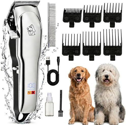 PETVION Tosatrice per Cani e Gatti Professionale Tagliacapelli per Pelo Lungo e Folto Lame in Acciaio Inox Motore 7000 RPM Display LED Impermeabile IPX7, Senza Fili, Silenziosa con Accessori