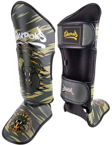 8 WEAPONS Schienbeinschoner Kinder, Beastial Viper, Khaki, Kinder Schienbeinschoner Kampfsport, Kunstleder, Optimaler Schutz für Muay Thai, K1, Boxen, MMA und Kickboxen