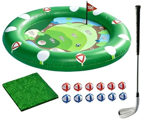 Flytande pool golfspel - Uppblåsbart vattensportleksaksset med golfbollar målsättning övningsdesign, stabil Buoyant Base + mjukt spelsystem, PVC vattentätt material hållbar lätt Bui