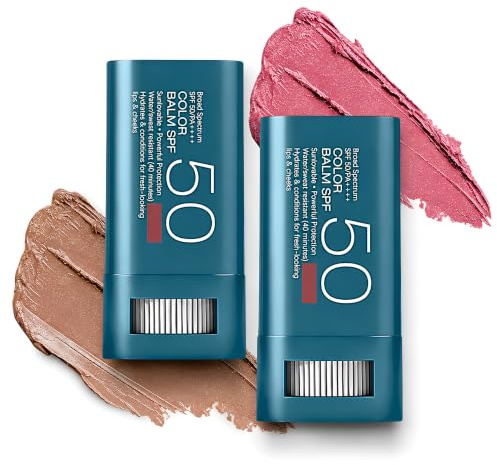 Color Balm SPF 50 Blush Stick for Cheek and Lip, Pink Rose & Warm Bronze
