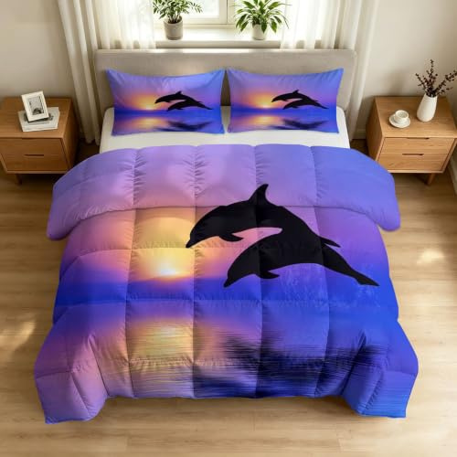 Överkast 155 x 220 cm 4 årstider, modern romantisk design, tvättbart täcke utan överdrag – solnedgång delfiner oceanmönster hudvänlig och bekväm året runt täcke med 2 örngott 80 x 80 cm