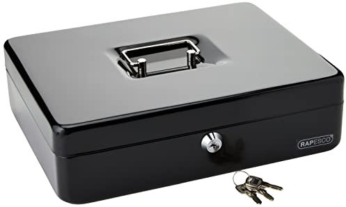 Rapesco SB0012B1 Metal Cash Box with Lock, 3 Keys and Removable Tray, Size 12, Black