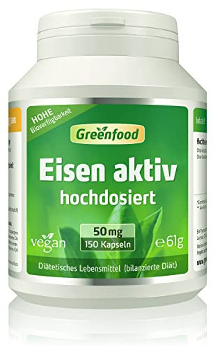 Eisen aktiv, hochdosiert, 50mg - 150 Kapseln, vegan. Eisenbisglycinat + Vitamin C - gegen Eisenmangel. Hohe Bioverfügbarkeit - gut verträglich. OHNE künstliche Zusätze - laborgeprüft. Von Greenfood.