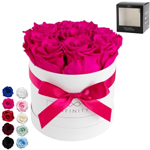 Infinity Flowerbox - 9 echte Infinity Rosen (3 Jahre haltbar ohne Wasser) - Mit Geschenkverpackung geliefert I Handgefertigt in Berlin I Geschenk für Frauen (Pinke Rosen in weißer Rosenbox)