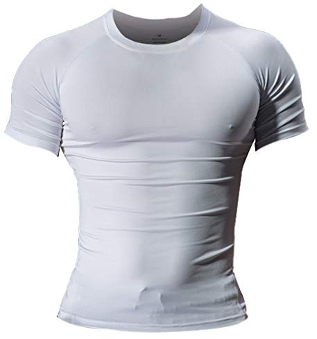 Muscle Alive Uomo Magro Stretto Compressione Livello Base Manica Corta Maglietta Bodybuilding Top Poliestere e Spandex Bianco L