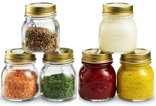 Bormioli Rocco Quattro Stagioni Small Glass Mason Jars 5 Ounce Mini Jars (6-Pack) with Metal Airtight Lid, for Jam, Jelly, Baby Food, Crafts, Spices, Dry Food Storage, Wedding Favors, Decorating Jar
