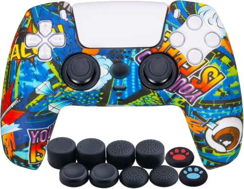 YoRHa Drucken Silikon Verdickt Hülle Skin Case (Blaue Graffiti) für PS5 Controller x 1 mit Aufsätze Kappen x 10