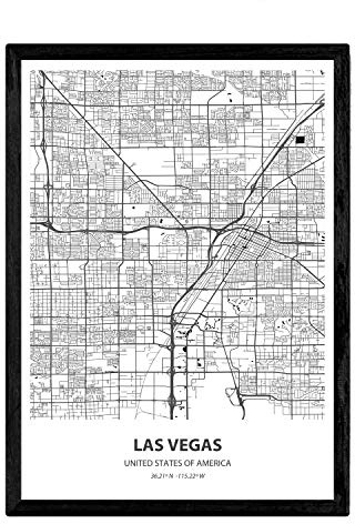 Nacnic Poster mappa di Las Vegas - Stati Uniti d'America. Fogli città degli Stati Uniti con i mari e fiumi, in colore nero. formato A4