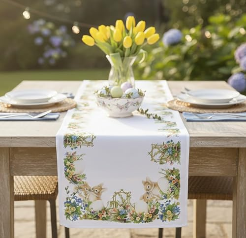 KAMACA Tischläufer Ostern nostalgisch – 40x140 cm – Motiv Hasen, Ostereier & Blumen – Bunter Oster-Tischläufer waschbar – Dekorative Tischwäsche für Küche & Wohnzimmer