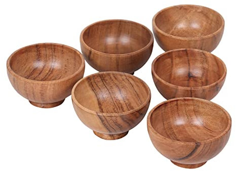 LAVAUX Designs Juego de 6 cuencos pequeños de madera de acacia | 120 ml cada uno| Tazas de cocina de madera tallada a mano para servir salsas, nueces, dulces y condimentos | lindas mini tazas |13x5 cm