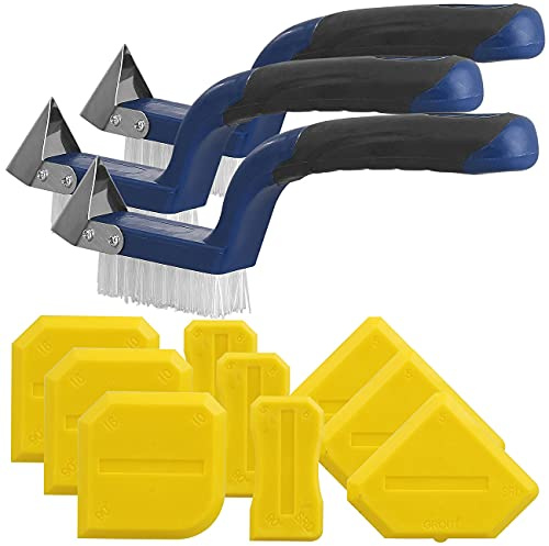 AGT Silikonentferner: 3er-Set 5in1-Fugenwerkzeug, Fugenmesser, Fugenbürste & Fugenglättern (Fugenbürste Fliesen, Fugenkratzer Silikon, Dusche)