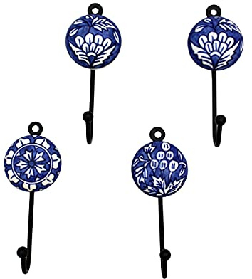 Gall&Zick Wandhaken Haken bunt Set rund Keramik Handtuchhaken handbemalt (Blau/weiß Set/4)