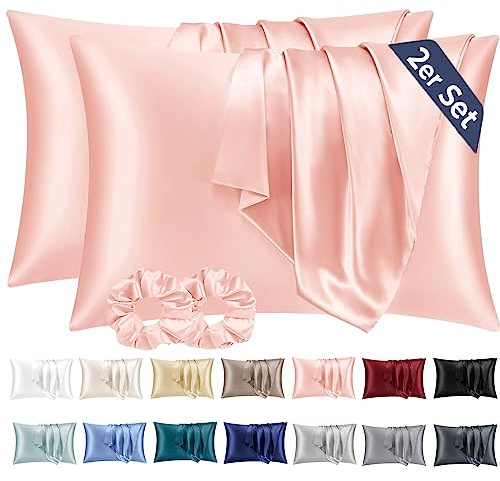 Vielit 2 Stück Satin Kissenbezug 40x60 Rosa, Weich wie Seidenkissenbezug, Bessere Pflege als Silk Pillosecase, Satin Kopfkissenbezug Kissenhülle für Haar und Haut kommt mit 2 Haargummis
