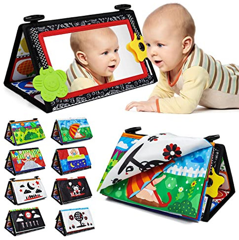 Dr.Rapeti Baby Spiegel Faltbarer Spielzeug, Kinderspiegel Spielzeug mit Schwarz Weiß Kontrastmuster, Baby Lernspielzeug mit Stoffbuch, Spiegel Kleinkinderziehung