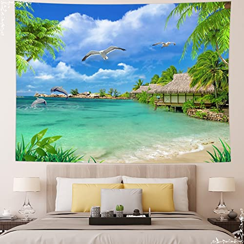 Dsnyu Wandteppich Blau Natur, Wandteppich Grün Baum Tropische Wolken | Wandbehang Deko Polyester 260x240cm Wanddeko Schlafzimmer Modern