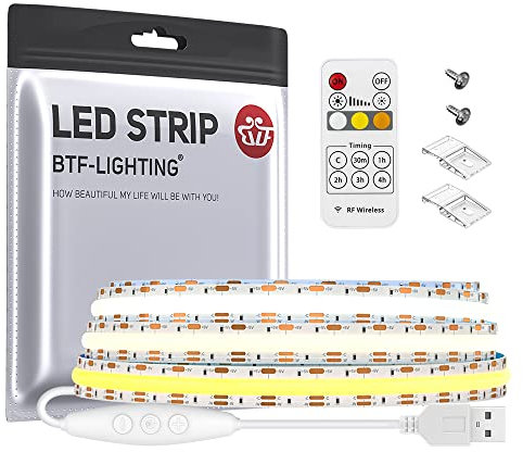 BTF-LIGHTING FCOB COB CCT USB LED Streifen Kit 2M 640LEDs/m FOB CCT DC5V IP30 Nicht Wasserdicht LED Strip mit RF-Fernbedienung und 2pc Befestigungsclips und Schrauben für DIY Heimdekoration