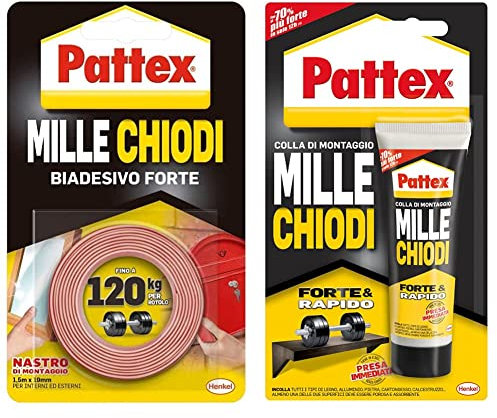 Pattex Millechiodi Tape, nastro biadesivo per applicazioni permanenti, 19 mm x 1,5 m extra forte & Rapido, adesivo di montaggio che sostituisce viti e fori al muro