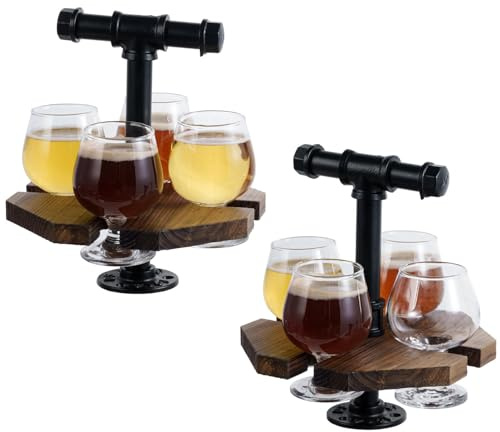 MyGift Beer Flight Set with Handle Set of 2, Whiskey Flight Board with 4 Snifter Glasses, Solid Burnt Wood and Industrial Pipe Tasting Tray for Home Bar