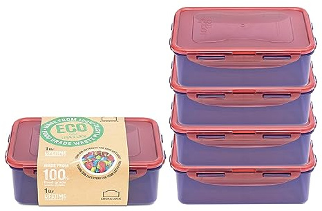 LocknLock Eco Rechteckige Frischhaltedosen mit Deckel, 5er-Set, Kunststoff, luftdicht & wasserdicht, Lebensmittelbehälter, BPA-frei & spülmaschinenfest, 5 x 1 l