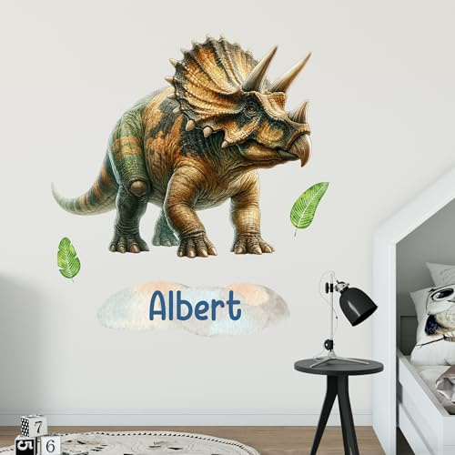 GRAZDesign Dinosaurier Wandtattoo Dino mit Namen personalisiert Triceratops Wandsticker Kinderzimmer Junge Wandaufkleber Babyzimmer selbstklebend - 62x57cm