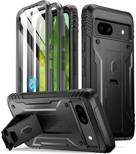 Poetic Revolution Series Hülle Kompatibel mit Pixel 8A 5G, Ganzkörper robuste stoßfeste Schutzhülle mit Ständer, integrierter Displayschutz für Arbeit mit Fingerabdruck-ID, Schwarz