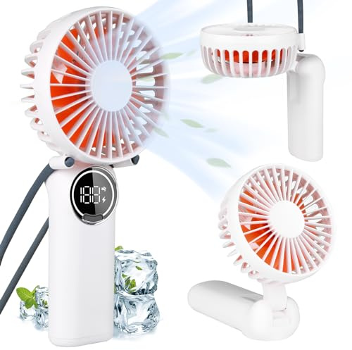LtYioe Portable Fan, Mini Desk Fan Rechargeable with LED Display, 180° Foldable Personal Hand Fan with Lanyard as Neck Fan, Strong Wind and 6 Speed for Travel Makeup Eyelash Beach Outdoor(White)