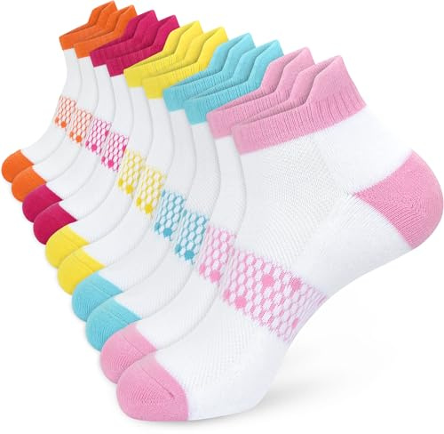 ouhos 5 Pairs Womens Running Trainer Ankle Socks with Heel Tab Cushioned Cotton Anti Blister Low Cut Sports Socks for Gym Walking Hiking Cycling Multipack UK 4-7