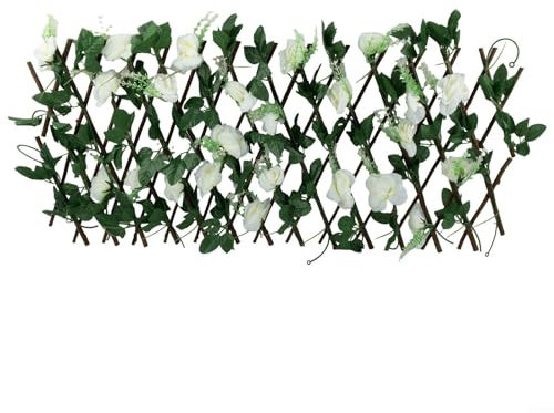 Erweiterbarer Zaun, Sichtschutz, erweiterbares Rankgitter, künstliche Blume, Garten, Wand, Blatt, Holz, Teleskopzaun, dekorativ für Garten, Terrasse, Hinterhof, Balkon (weiß)