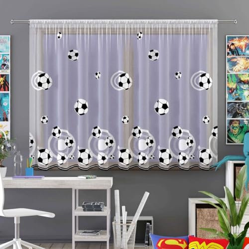 Gardinen Vorhangen Weiß 250x160 cm (BxH) Barcelona Fußball Motiv Jacquard Kinder Gardinen mit Kräuselband Kurz Kinderzimmer Junge Scheibengardine Wohnzimmer Vorhänge Fertiggardine