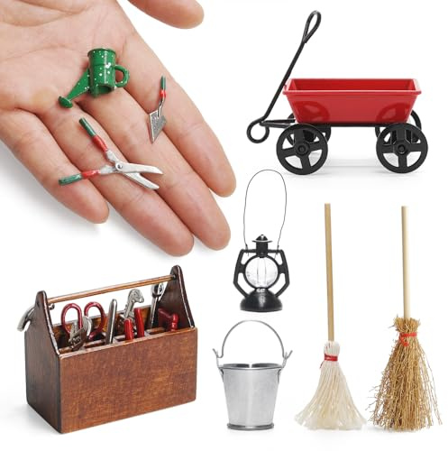 Odoria Miniatur Werkzeug Wichtel Zubehör: 1/12 Maßstab Puppenhaus Gartenwerkzeug Schubkarre Weihnachten Wichtel Baustelle Garten - Mini Werkzeugkasten Laterne Besen Eimer Feengarten 17Stk