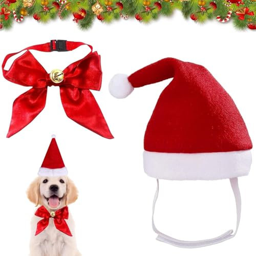 Haustier Weihnachtsmütze, Hunde Katzen Kostüm Zubehör Set, Weihnachts Outfit Geschenk, Stirnband Mit Krawatten und Glocken, Hund Halstuch für Kleine Mittelgroße Große Hunde Katzen