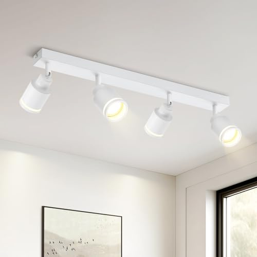 Deckenstrahler LED 4 Flammig Deckenlampe für Schlafzimmer GU10 Schwenkbar | Deckenleuchte Weiß Deckenspots Metall Wohnzimmer Modern Spotlight für Schlafzimmer Esszimmer Büro (Ohne Leuchtmittel)